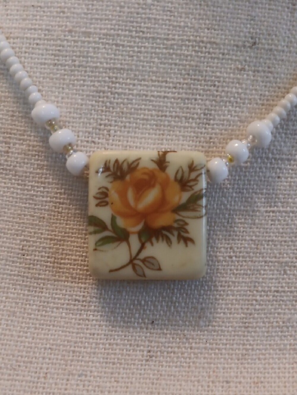 + Vintage Seed Beaded Necklace with ceramic tile orange rose charm